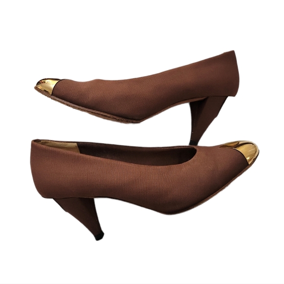 CHARLES KAMMER PARIS BROWN RIBBED GOLD TIP CLOSE TOE 3IN HEELS SIZE 36.5 - Picture 2 of 11